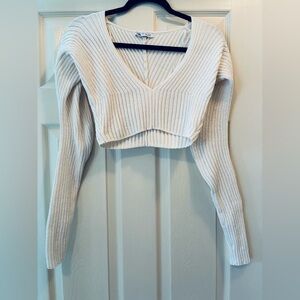Zara Cream Ribbed V-Neck Cropped Long Sleeve Top